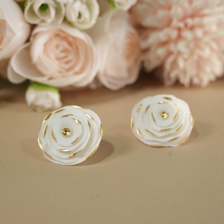 Handcrafted White Camellia  Ceramic Stud Earrings