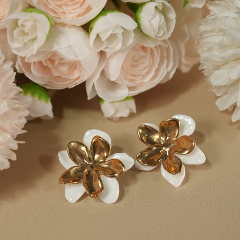 Handcrafted White Five-Petal Flower Ceramic Stud Earrings