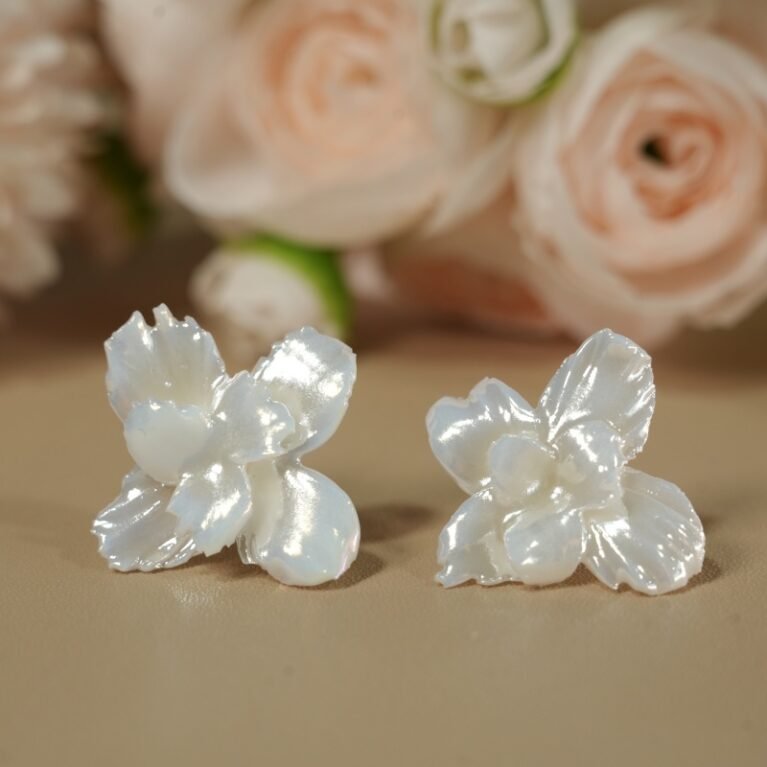 Handcrafted White Violet Ceramic Carved Stud Earrings