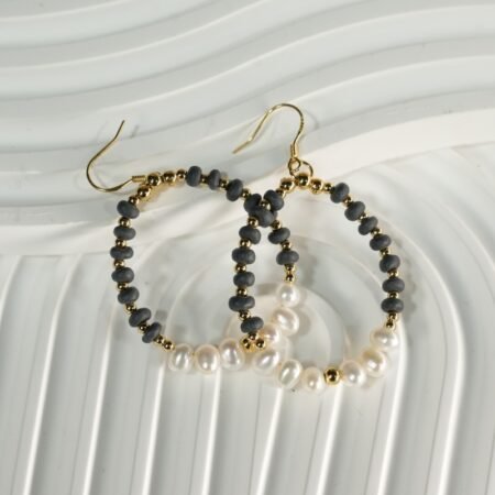 andmade Natural Pearl & Black Ceramic Hoop Earrings