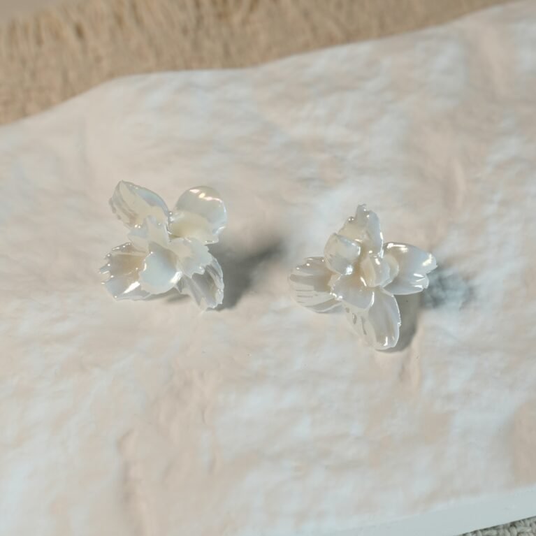 Handcrafted White Violet Ceramic Carved Stud Earrings